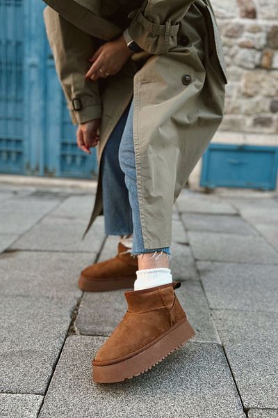 POLKA STORE Άνετα γυναικεία μποτάκια Chestnut Ultra Mini Platform με επένδυση από γούνα με χοντρή σόλα