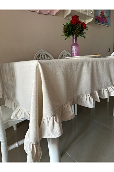 Blue Atelier Fırfırlı Keten Bej Masa Örtüsü