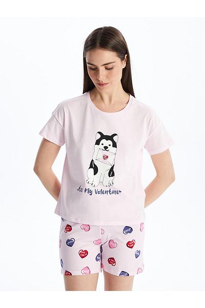 LC Waikiki Ροζ Γυναικείες Πυτζάμες - Crew Neck, εμπριμέ, κοντά μανίκια και σορτς