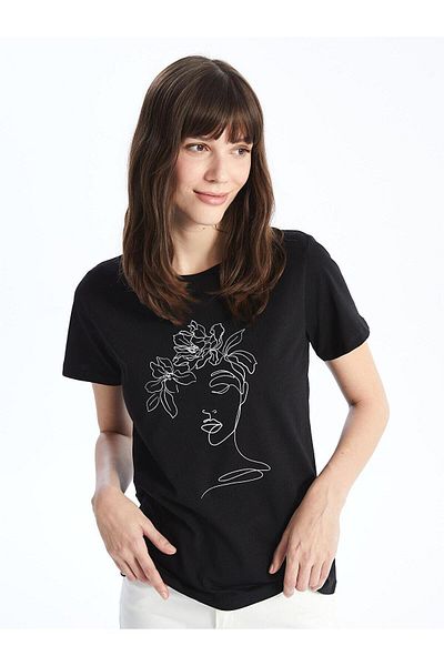 LC Waikiki Tricou cu mânecă scurtă imprimat cu decolteu rotund pentru femei