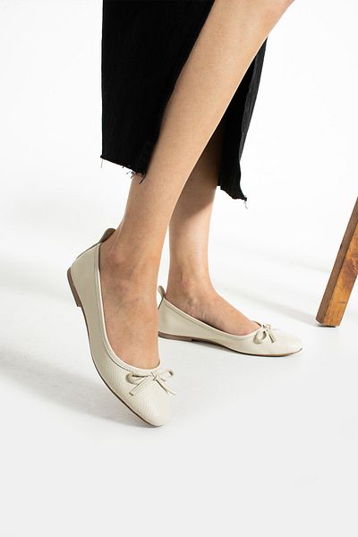 trendyhit Gone Ecru Bow Genuine Leather Women's Ballerinas