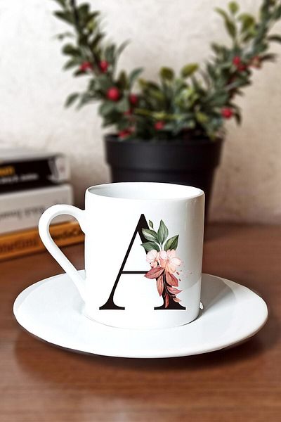 SporSen Caddemart| Floral Printed Porcelain Turkish Coffee Cup with Letter A