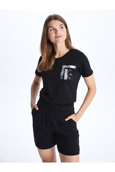 LC Waikiki Crew Neck Sequin Embroidered Short Sleeve Women's T-Shirt