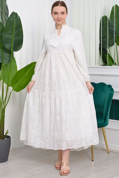 AYASOFYA OTANTIK Women's White Scalloped Judge Collar Rubber Detailed Long Sleeve Long Dress