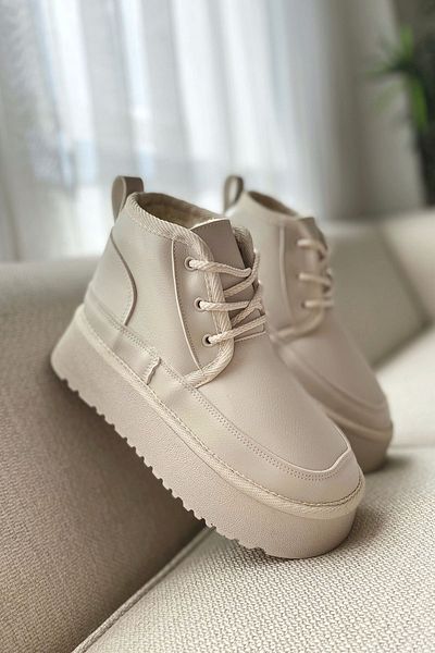 POLKA STORE Ultra Mini Platform Ματ Δερμάτινη Επένδυση Χονδρή Σόλα Μπεζ Γυμνό Εκρού Άνετα Γυναικείες Μπότες με κορδόνια
