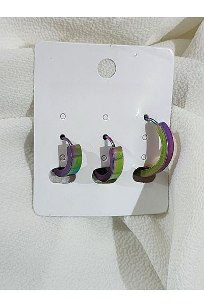 Aylish Bijuteri Hologram Detailed Earrings in Triple Steel