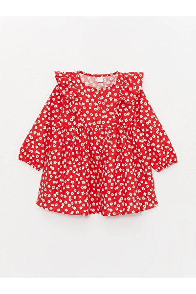 LC Waikiki LCW baby Bisiklet Yaka Çiçek Desenli Uzun Kollu Kız Bebek Elbise