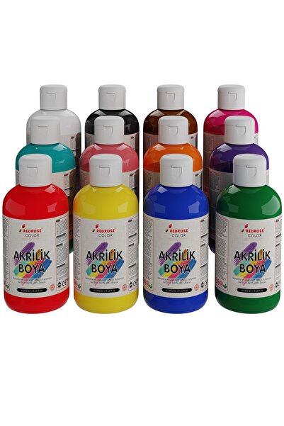 REDROSE COLOR Tüm Renkler Akrilik Boya Seti, 12'li Set 12x250gr Dekoratif Hobi Amaçlı Sanatsal Canlı Renkler