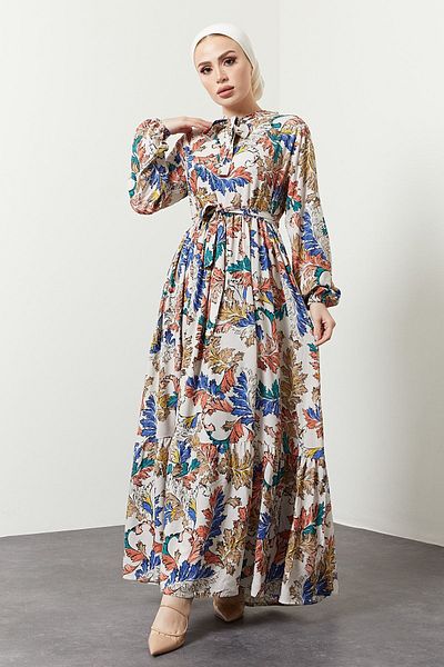 festmoda Women's Cream Leaf Pattern Colorful Dress