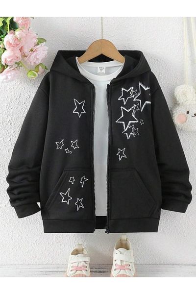Touz Moda Unisex Black Cardigan - Oversize, Zippered and Hooded, Star Print