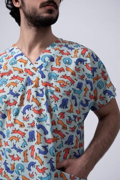 Medikal Dolap Pios Men's Colorful Dog Pattern Lycra Uniform-Scrubs-Single Top