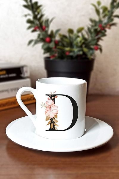 SporSen Caddemart| Floral Printed Porcelain Turkish Coffee Cup with Letter D