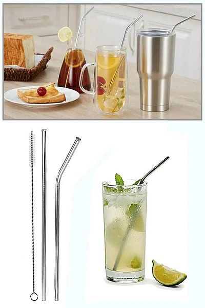 seç al burada Set of 2 Steel Straws and Cleaning Brush - Beverage Stick
