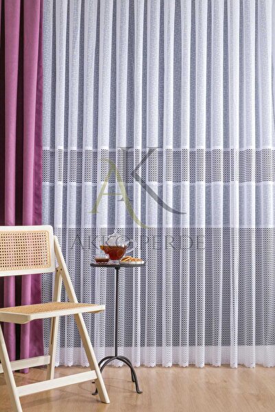 Karesi White Applique Knitted - Medium Pleated Ready to Use, 1x2.5 Tulle Curtain