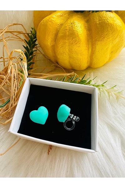 1PARÇAMAVİ Children's Earring with Heart Transparent Clip - Non-perforated Ear