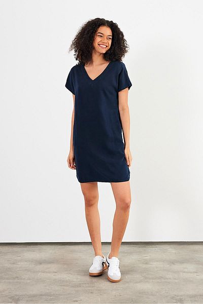 VENA Rochie de damă Helly Blue, neagră, cu decolteu în V, cu mâneci scurte, în jean, Lyocell