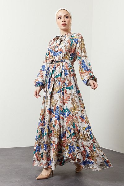 festmoda Women's Cream Leaf Pattern Colorful Dress