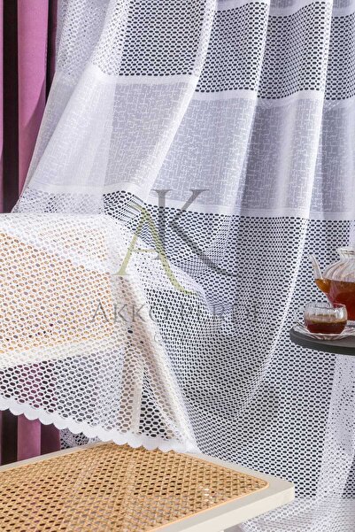 Karesi White Applique Knitted - Medium Pleated Ready to Use, 1x2.5 Tulle Curtain