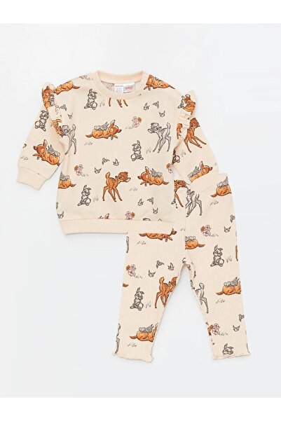 LC Waikiki LCW baby Crew nyakú, hosszú ujjú, Bambi nyomattal ellátott, kislány pulóver és leggings 2 részes készlet