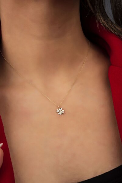 Altınaşkı Taşlı Yonca Hayalet Altın Kolye