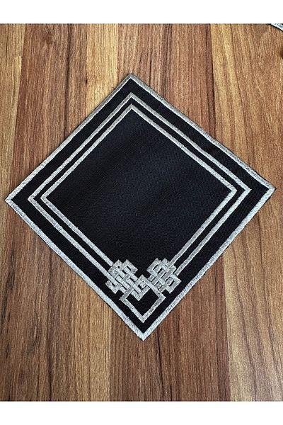 Nurhanhome 6 Pieces Labyrinth Patterned Square Cocktail Presentation Napkin with Silver Embroidery on Black Linen Fabric