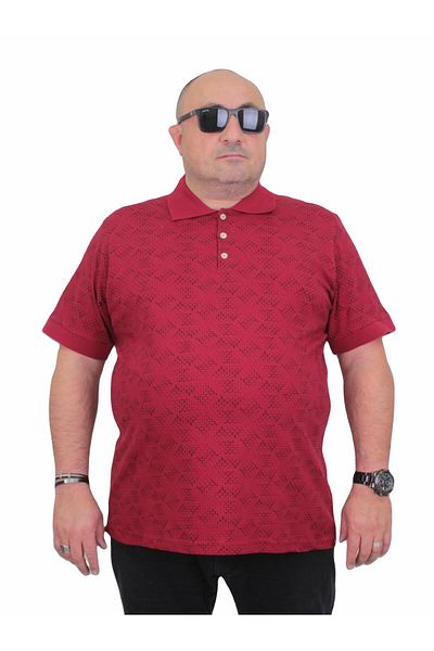 MocGrande Large Size Polo Neck T-Shirt - Triangle Print, Claret Red 24450
