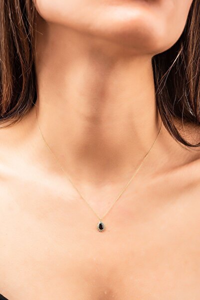 Altınaşkı Siyah Taşlı Damla Hayalet Altın Kolye