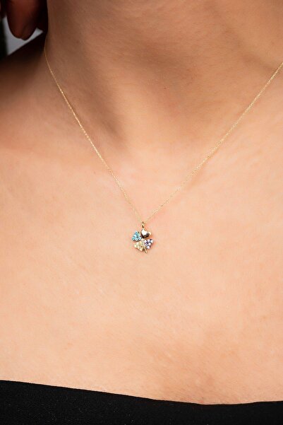 Altınaşkı Renklı Taşlı Yonca Hayalet Altın Kolye