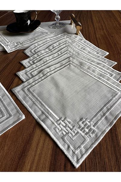 Nurhanhome 6 Pieces Labyrinth Patterned Ecru Embroidered Square Cocktail Presentation Napkin