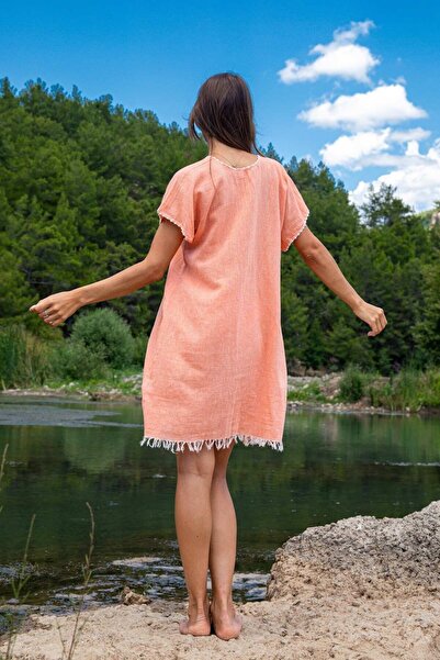 Dokubba Φόρεμα παραλίας με φαρδιά κοπή, 100% βαμβάκι, χειροποίητη κεντητική κεντητική φούντα, λεπτή και ειδική ύφανση