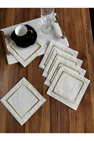 NURHAN HOME COLLECTION 6 Pieces of Gold Embroidered Square Coffee Side Napkin, Suitable for Etamine Processing, Cocktail Presentation Napkin