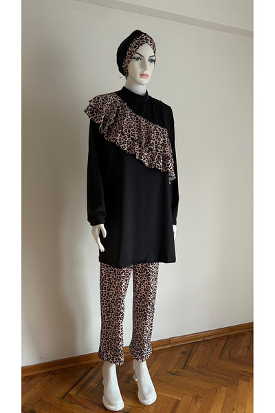 GİZGİYİM Large Size Leopard 3 Piece Hijab Swimsuit Set