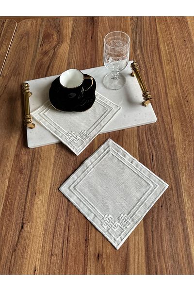 NURHAN HOME COLLECTION 2 Pieces Labyrinth Patterned Ecru Embroidered Square Cocktail Presentation Napkin