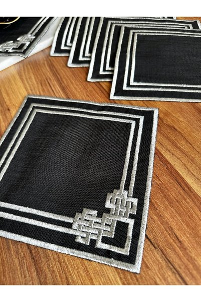 Nurhanhome 6 Pieces Labyrinth Patterned Square Cocktail Presentation Napkin with Silver Embroidery on Black Linen Fabric