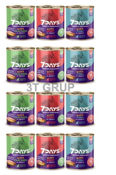 7DAYS Karışık Yetişkin Kedi Konservesi 3 Çeşit 415 gr X 12 Adet