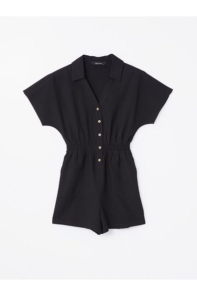 LC Waikiki LCW Damen-Overall mit Hemdkragen und Leinenmischung, kurzärmlig