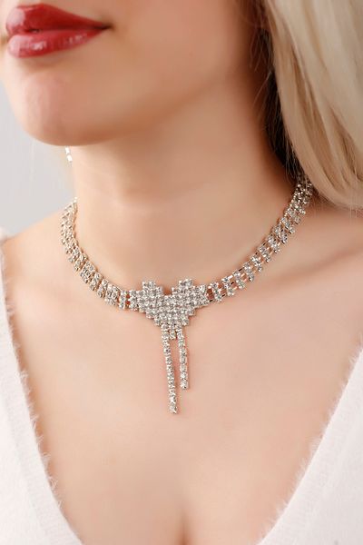 Serelia Zircon Stone Silver Necklace - Women's 3 Rows Heart Model, Engagement Wedding Bridal Set