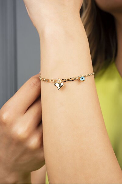 Altınaşkı Göz Boncuklu Kalp Altın Bileklık