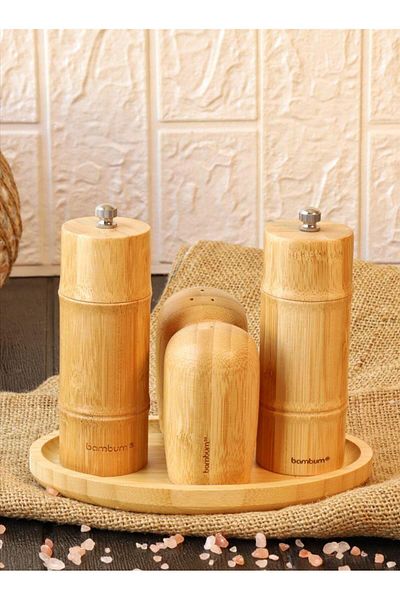 Bambum 5 Piece Salt Shaker with Plate Pepper Grinder Mill Set