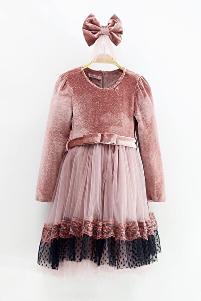 Asortik Kids Kız Çocuk Kadife Kumaş Tül Detaylı Diz Boyu Tokalı Elbise