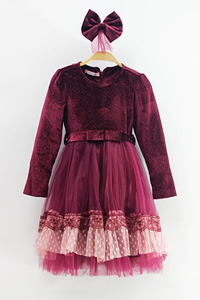 Asortik Kids Asortik Girl's Velvet Fabric Tulle Detailed Knee Length Buckle D...