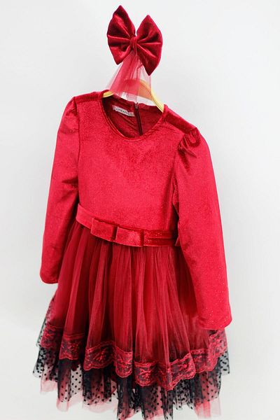 Asortik Kids Girl's Velvet Fabric Tulle Detailed Knee Length Buckle Dress