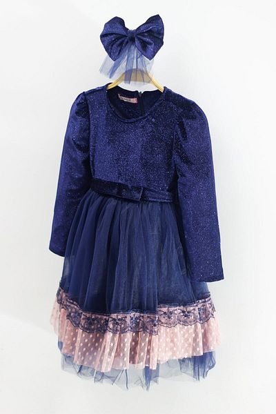 Asortik Kids Girl's Velvet Fabric Tulle Detailed Knee Length Buckle Dress