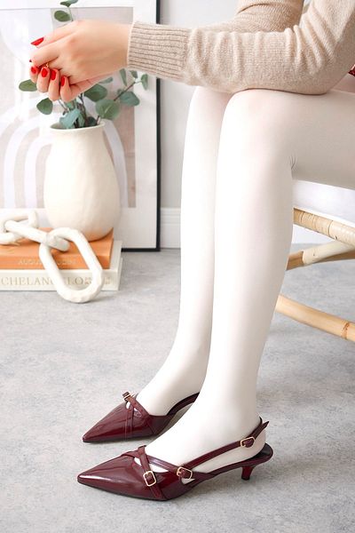 POLKA STORE Royale Pointed Toe Two-Strap Buckle Claret Red Patent Leather Cherry Red Heeled Women's Shoes