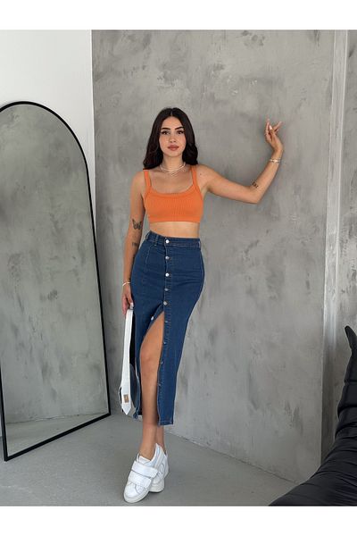 OXEDCO Fustă de damă, cu nasturi în față, lungime maxi, albastru închis din lycra din denim