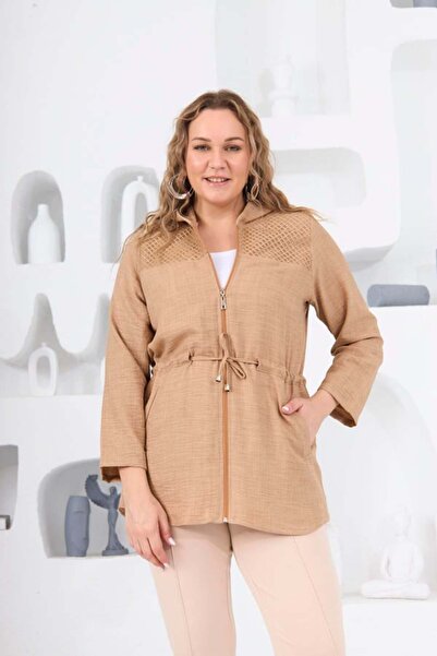 RMG Omuz File Detaylı Keten Dokulu Büyük Beden Vizon Ceket