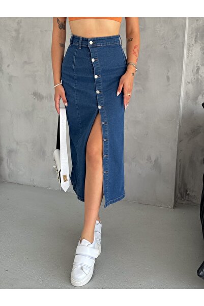 OXEDCO Fustă de damă, cu nasturi în față, lungime maxi, albastru închis din lycra din denim