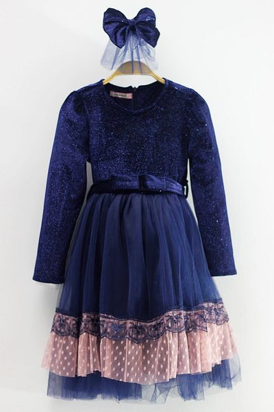 Asortik Kids Girl's Velvet Fabric Tulle Detailed Knee Length Buckle Dress