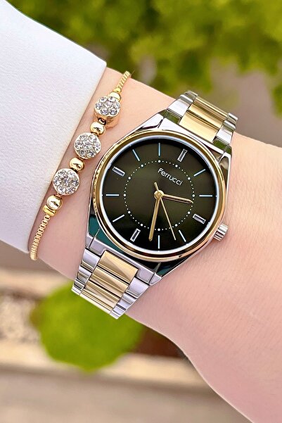 Ferrucci Kadranı Koyu Yeşil Kordonu Sarı Metalik Renk 2 Yıl Garantili Kadın K...