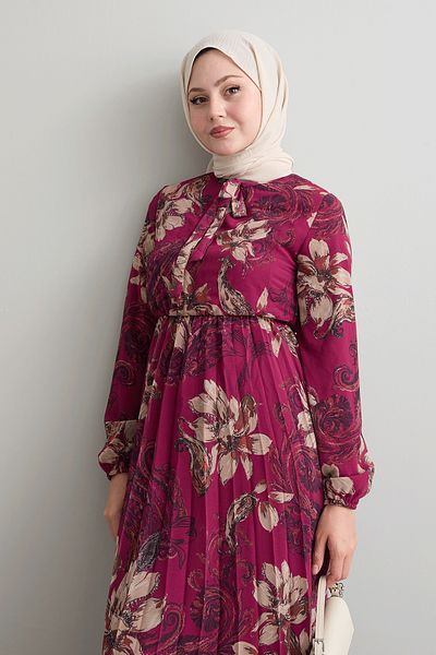 InStyle Fuchsia Serena Flower Patterned Pleated Chiffon Dress
